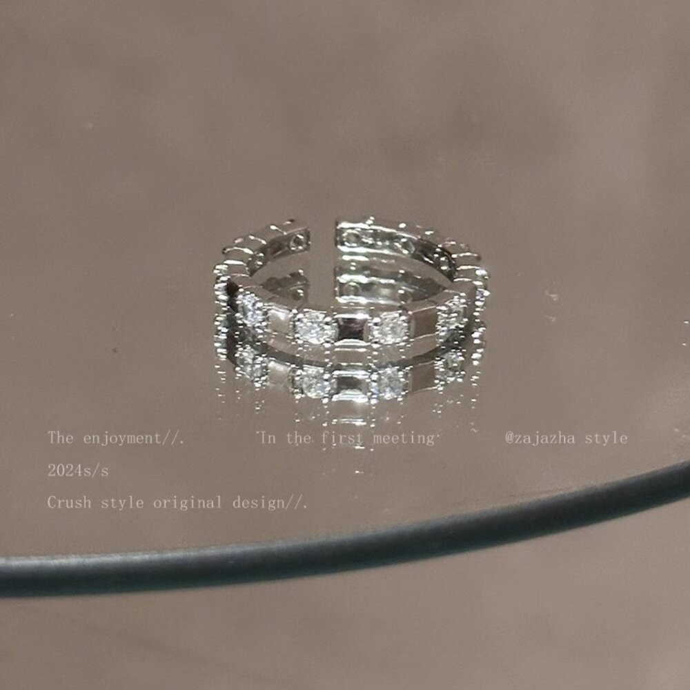 Silver CZ Open Ring Adjustable Rhinestone Band Ring Minimalist Ring